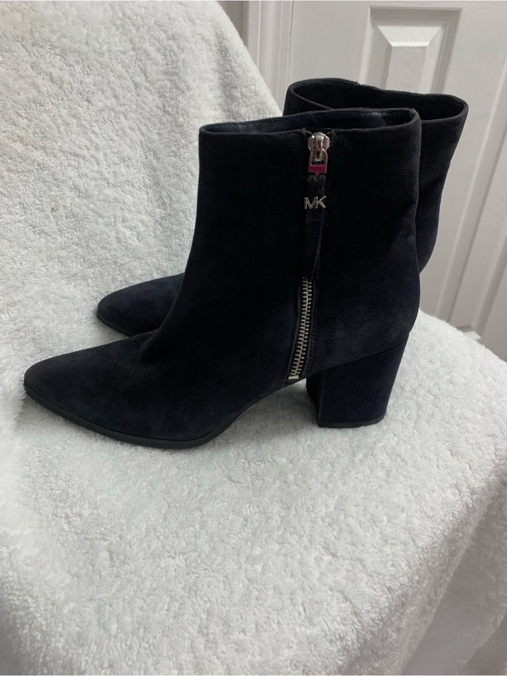 Michael Kors Navy Suede Pointed Toe Ankle Booties with Side Zip